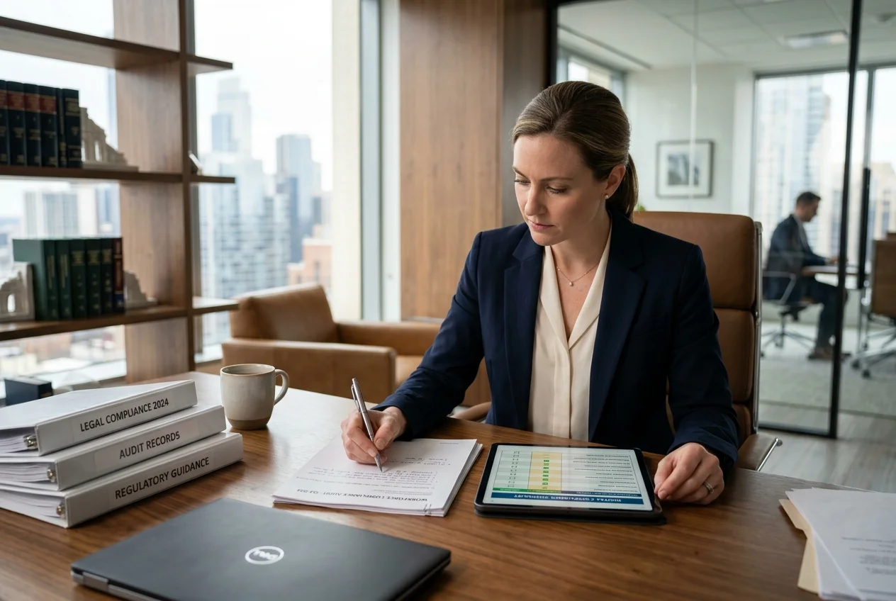 Corporate compliance auditor reviewing workforce compliance records and checklists in office