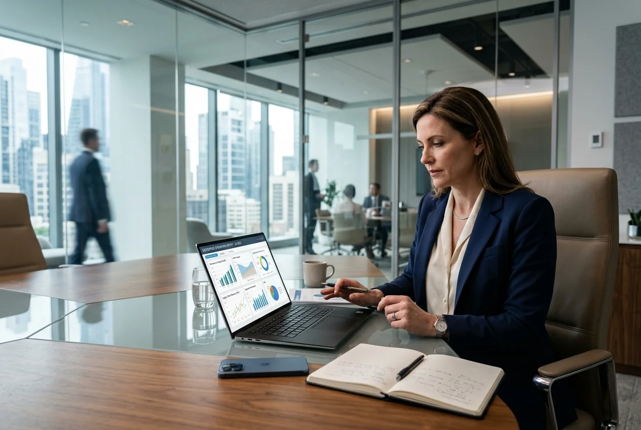 Enterprise operations executive analyzing business intelligence reports and operations charts in office
