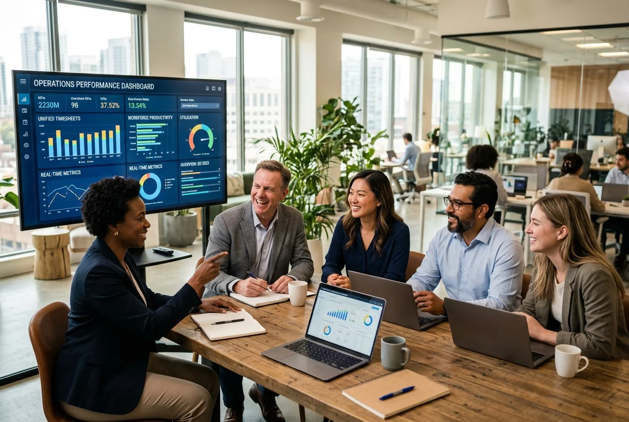 Corporate operations executives and managers collaborating around a screen showing operations performance dashboard