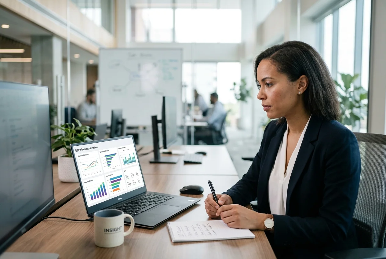 Business operations manager analyzing analytics charts and reports on laptop in office