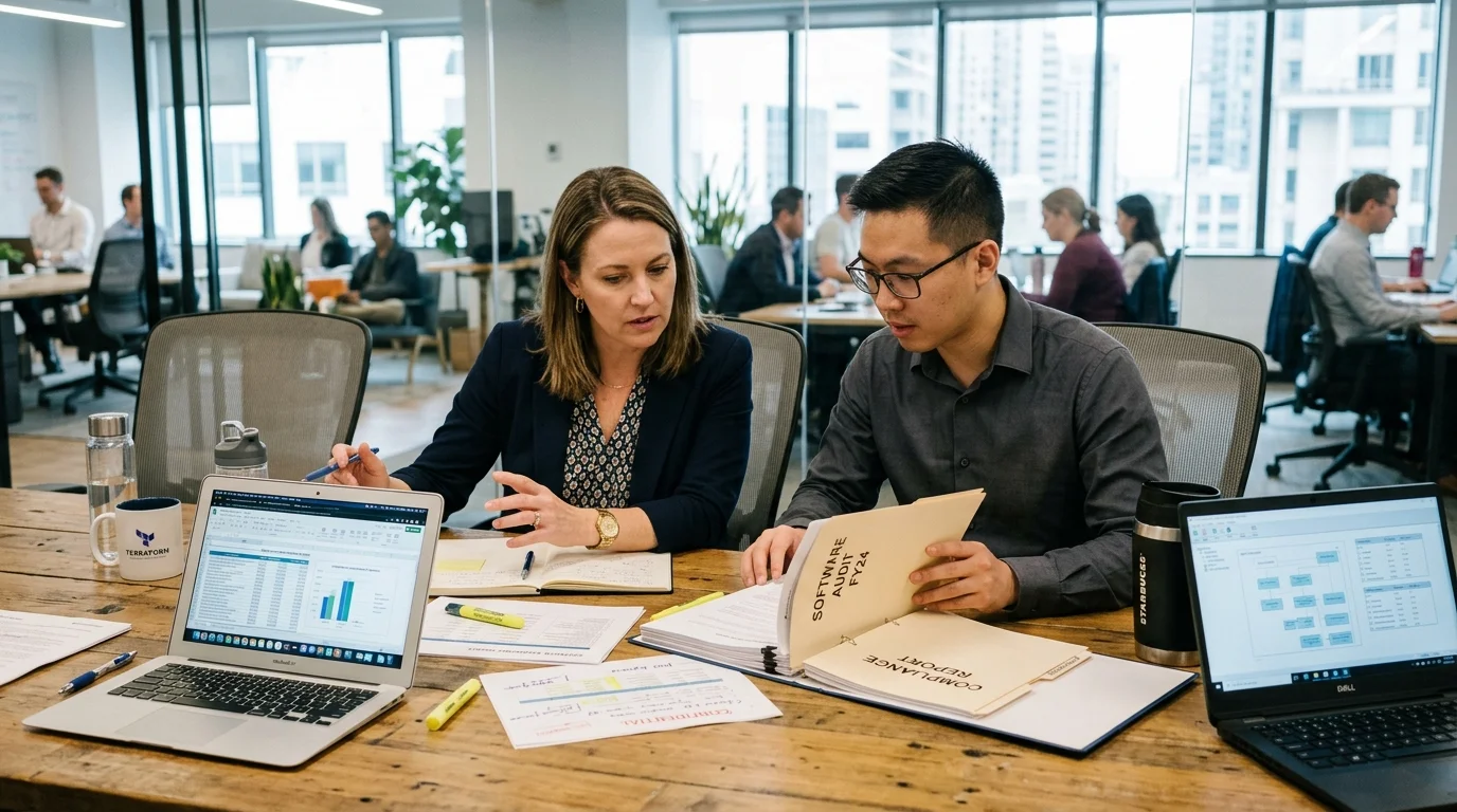 Enterprise IT compliance and operations evaluation committee auditing software criteria and verification reports