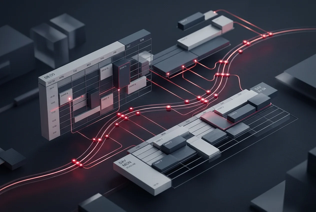 Abstract 3D rendering of scheduling grids, calendar time blocks, and connecting timeline nodes