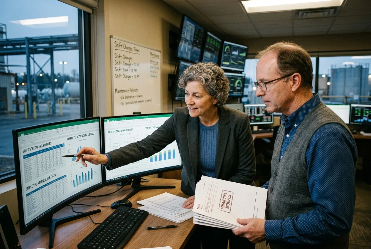 Senior VP of Operations and Enterprise Controller reviewing workforce management software total cost of ownership models and shift scheduling rosters on dual monitors in an industrial control office